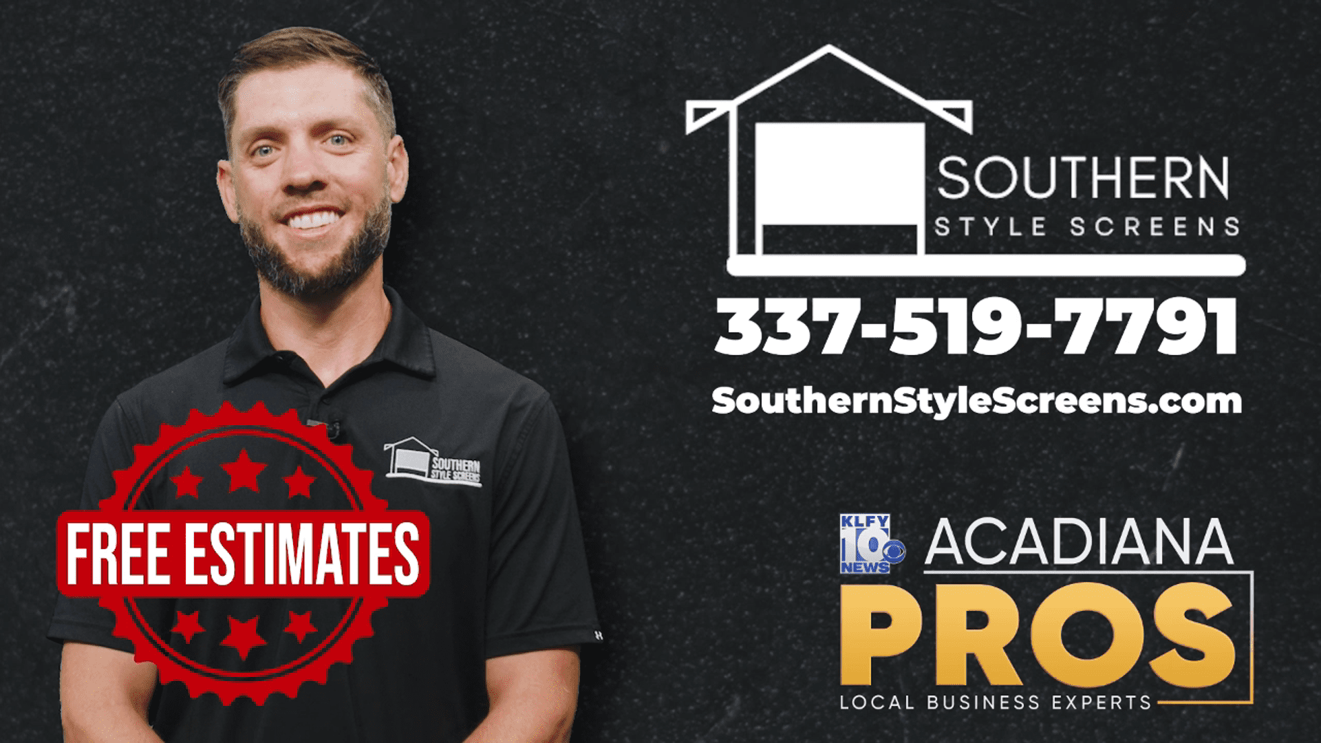 Owner of Southern Style Screens, Grant Breaux. We install screen enclosures, motorized screens, hurricane shutters, interior shades, motorized awnings, and garage door screens around the Acadiana area.
