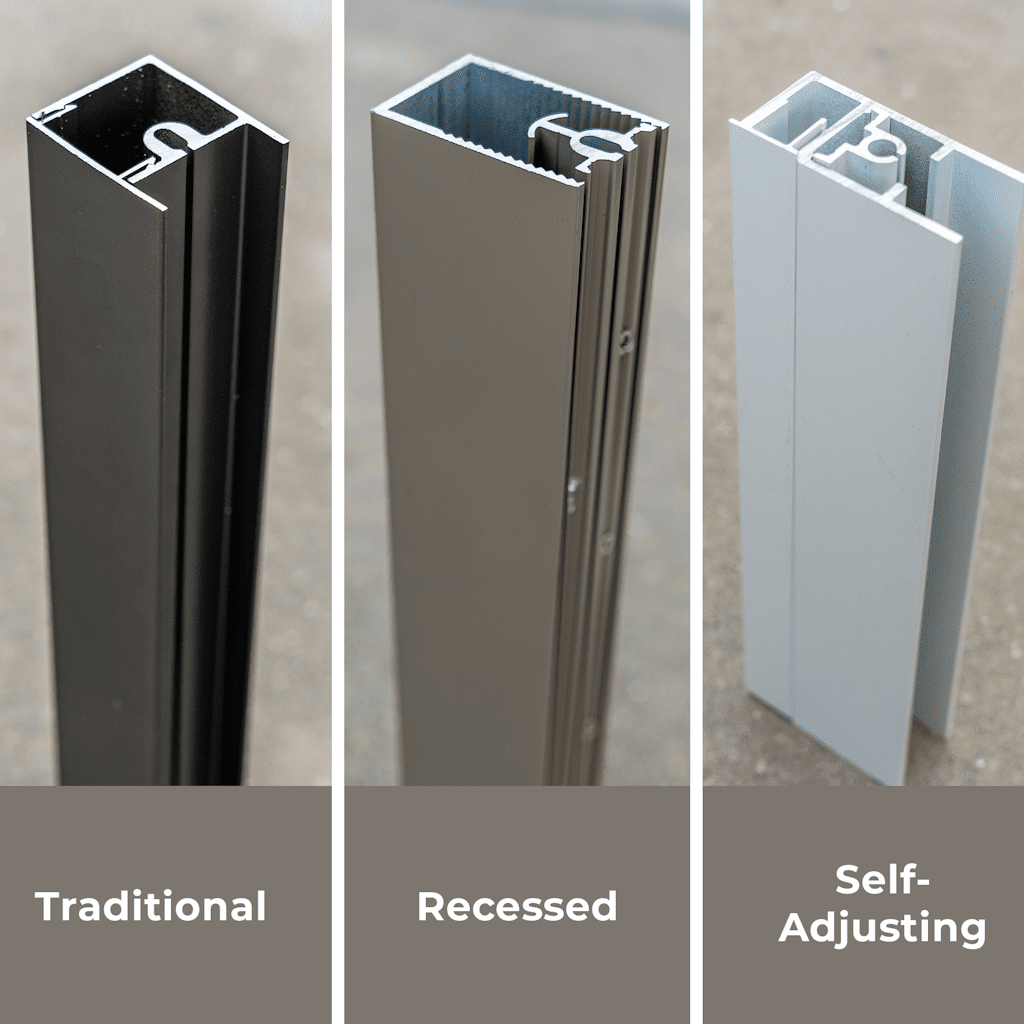 Our traditional track is for retrofitting homes, the recessed track is for custom built-ins, and the self-adjusting track is ideal for commercial use, vinyl, or high-wind areas, featuring a unique patent-pending technology.